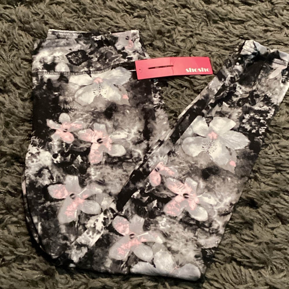 Shosho Black and Pink Floral Leggings